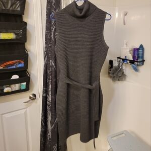 Calvin Klein Gray Ribbed Knit SleevelessTurtleneck Belted Sweater Dress